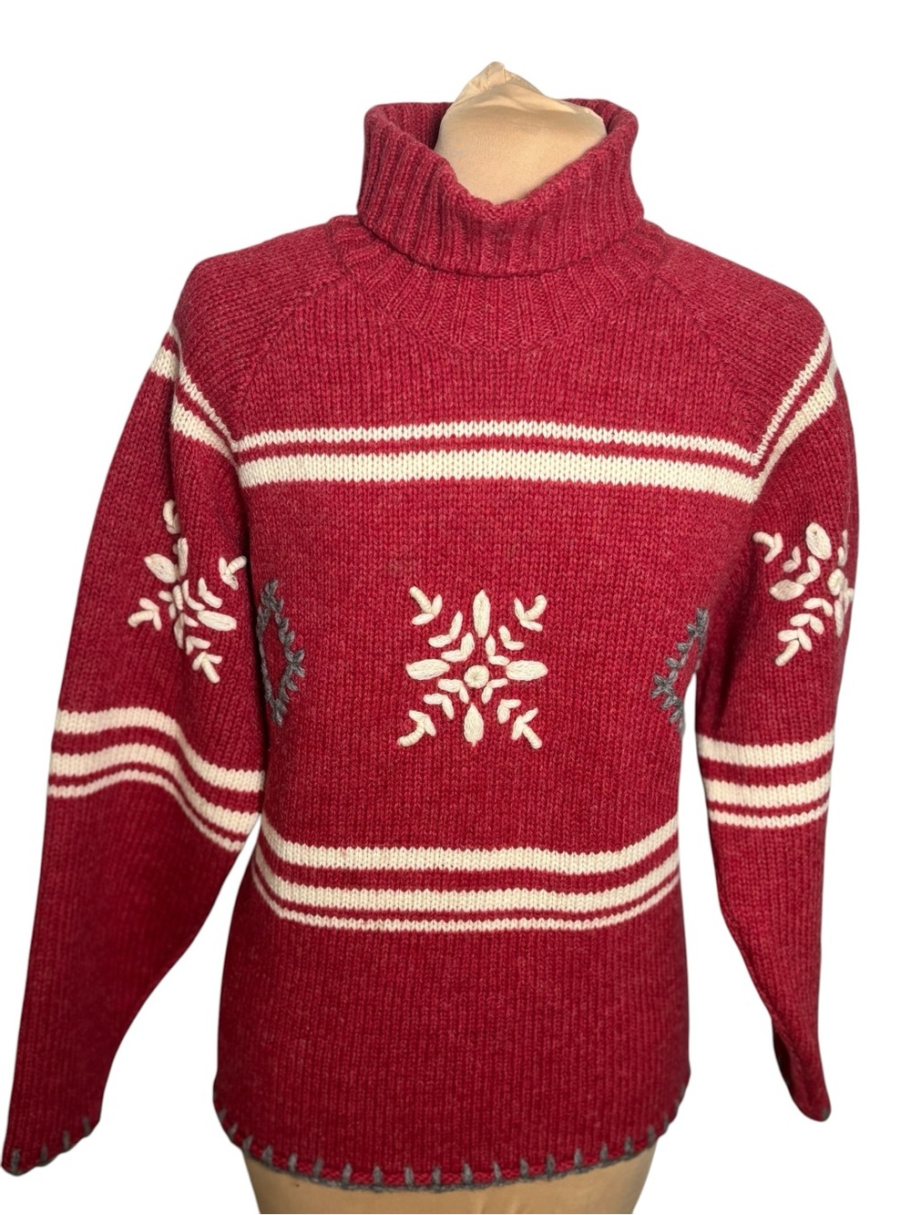 EMS 100% Wool Snowflake Turtleneck Sweater Burgundy Women's Large